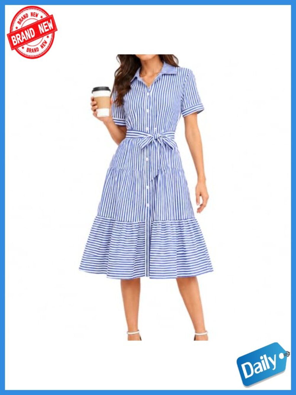 Polished Midi Dress: Wrinkle-Free Striped A-Line with Belt & Short Sleeves